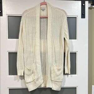 Open-Front Cream Knit Cardigan Sweater pointelle crochet S boho cottage core